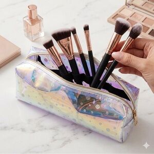 Iridescent Holographic Semitransparent Makeup Brush Bag Polka Dot Travel Pouch